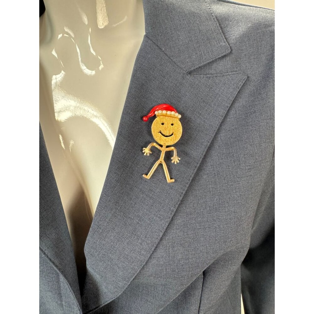 Gold-Toned Stick Figure Brooch With Enamel Santa Hat & Faux Pearl Trim